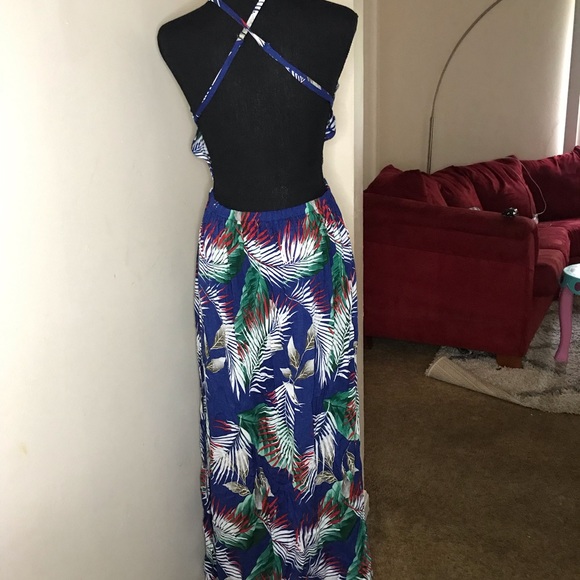 Tropical print maxi dress double split backless M - Picture 3 of 4